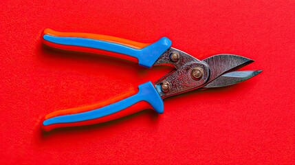 Utility Cutting Shears with Blue and Orange Handles on Red Surface