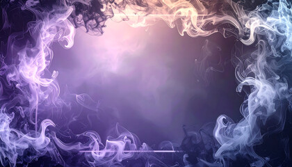 Ethereal smoke frame with purple and blue gradient glow, mysterious soft swirling vapor creating atmospheric abstract background