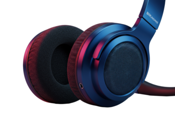 Sleek sapphire blue headphone earcup, compressed plush memory foam, micro-grille, transparent, dramatic studio light, macro product photo, luxury audio technology concept.