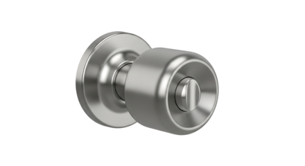 Close up of a polished metallic round doorknob with a keyed lock mechanism isolated on transparent background