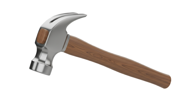 A shiny metal claw hammer with a wooden handle isolated on transparent background