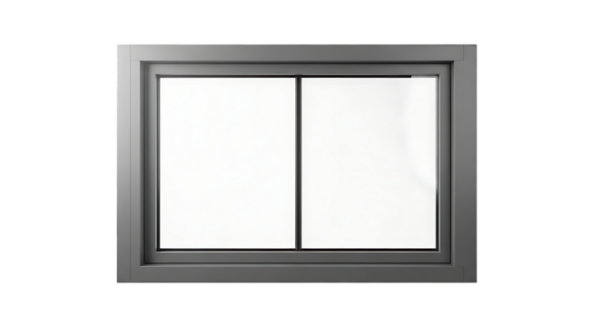 Modern gray framed double pane sliding window with clean white glass isolated on transparent background