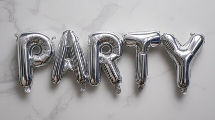 Silver Balloon Letters Spelling Party on White Marble Surface