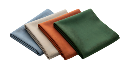 A stack of four folded fabric handkerchiefs in different colors isolated on transparent background