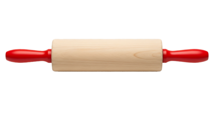 A classic wooden rolling pin with bright red handles isolated on transparent background