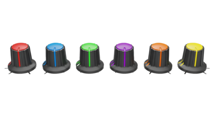 Six colorful illuminated audio knobs with metallic accents isolated on transparent background