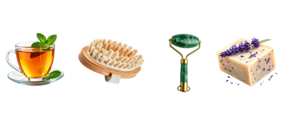 Spa essentials with tea, brush, jade roller and lavender soap isolated on transparent background