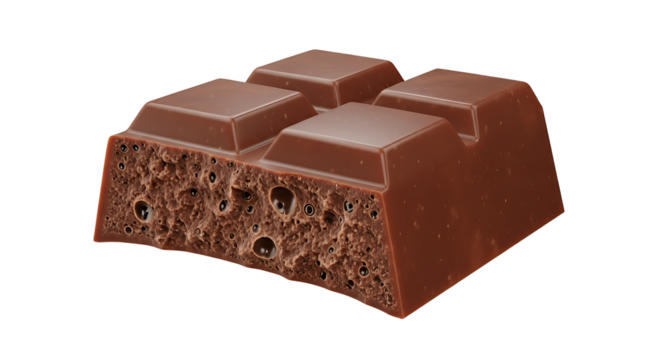 A delicious square piece of aerated milk chocolate with a textured bubbly interior isolated on transparent background
