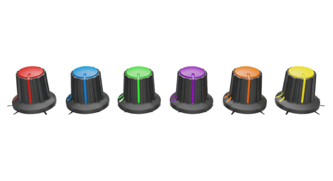Six colorful illuminated audio knobs with metallic accents isolated on transparent background