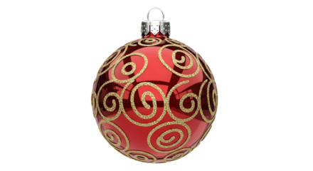 A festive red oval shaped christmas ornament with swirling gold patterns isolated on transparent background
