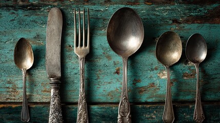 Vintage Silver Cutlery Set on Rustic Wooden Surface with Weathered Background