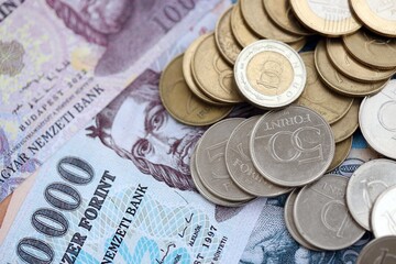 Heap of Hungarian Forint currency money bills and coins. HUF currency banknotes and coins close up