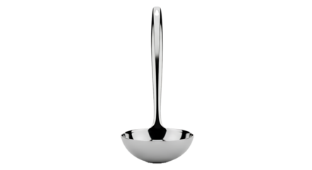 A highly polished silver ladle with a long slender handle isolated on transparent background