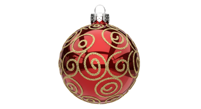 A festive red oval shaped christmas ornament with swirling gold patterns isolated on transparent background