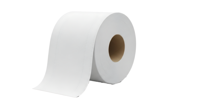 A single roll of white toilet paper with a cardboard tube core isolated on transparent background