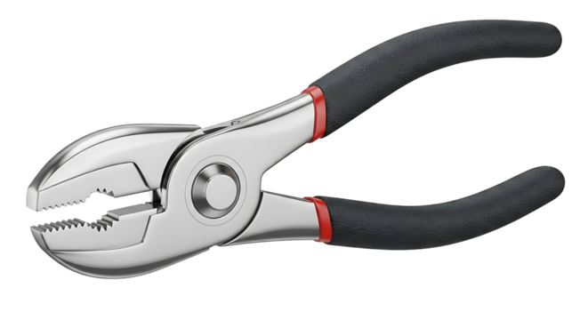 A heavy duty adjustable slip joint pliers with black rubberized handles isolated on transparent background