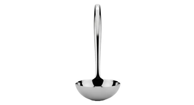 A highly polished silver ladle with a long slender handle isolated on transparent background