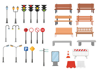 Urban Street Elements Vector Front View, Traffic Lights, Street Signs, Benches and Lamp Posts, bundle