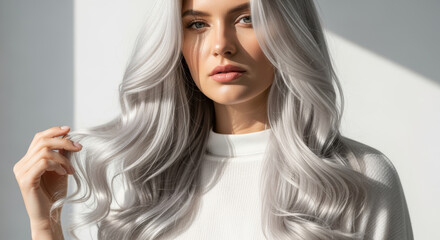 Fototapeta premium Elegant young woman with long silver hair in natural light, wearing a white turtleneck and posing with graceful confidence indoors