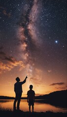 a father and son silhouette against a vibrant night sky filled with stars and the milky way, sharing a moment of wonder by the lake.