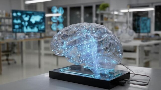 A glowing blue holographic brain model on a black base in a modern laboratory, with monitors displaying neural imagery in the background.
