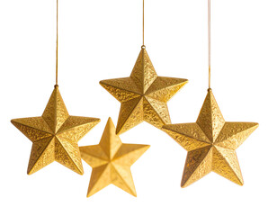 Four golden, textured stars suspended by thin threads against a dark background