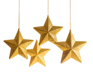 Four golden, textured stars suspended by thin threads against a dark background