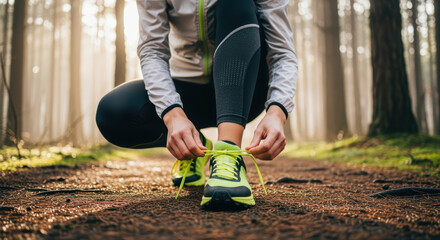 Athletic woman tying shoelaces on running shoes in forest during early morning workout, preparing for brisk run on dirt trail
