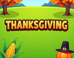 This festive illustration celebrates Thanksgiving with bold text, colorful autumn trees, a fresh corn cob, and a pumpkin wearing a pilgrim hat.