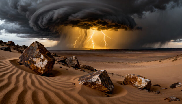 Dramatic lightning storm under swirling dark clouds over desert landscape with large rocks and textured sand dunes at sunset