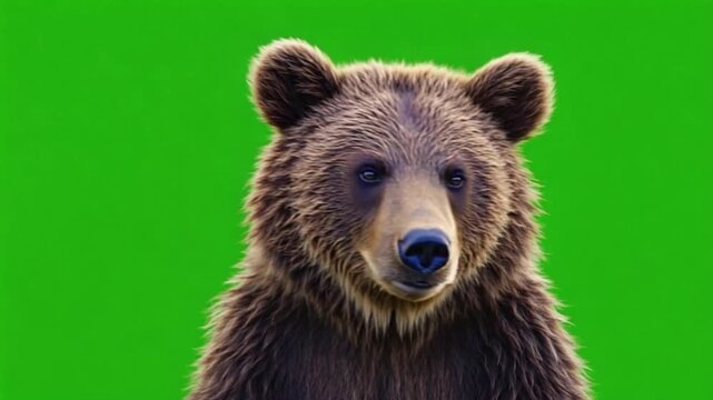 Close up of a brown bear facing forward with a solid green background in the frame shot head on bear green screen video