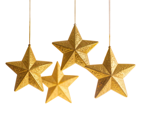 Four golden, textured stars suspended by thin threads against a dark background