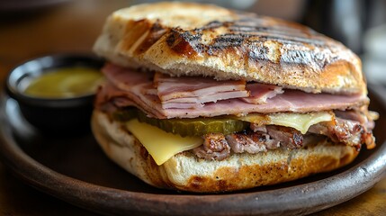Delicious grilled sandwich with meat, cheese, and pickles on a plate with dipping sauce
