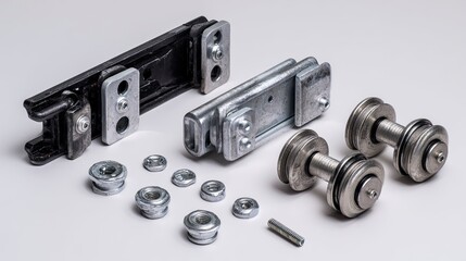 Industrial Metal Wheel Assemblies and Hardware on White Background
