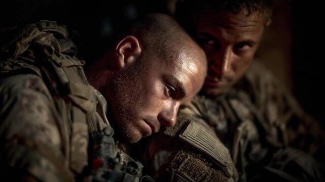 Two camouflage soldiers rest; one bows his head with eyes closed, while another looks on.