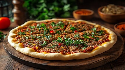 Delicious round flatbread pizza with flavorful topping