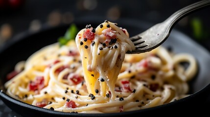 Delicious pasta dish with sauce, bacon, and black pepper on a fork