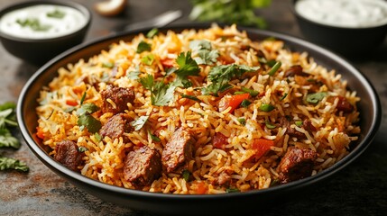 Delicious meat pilaf topped with cilantro in a dark bowl. Tasty