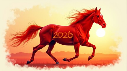 Bright running Fire Horse on a warm gradient background. Symbol of the 2026 Chinese Zodiac Year. Dynamic, powerful art for holiday design