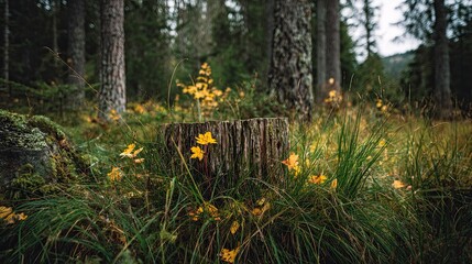 Forest Scene with Tree Stump and Wildflowers in Natural Light