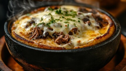 Delicious, steaming meat & cheese dish served in a rustic stone bowl