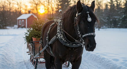 Majestic black horse pulling a wooden sleigh loaded with evergreen trees in a snowy winter landscape at sunset near a cozy cabin
