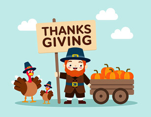A cheerful pilgrim character holds a Thanksgiving sign, standing near two festive turkeys and a cart filled with orange pumpkins.