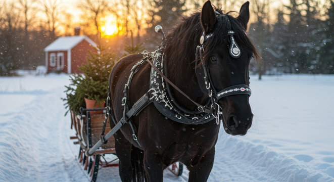 Majestic black horse pulling a wooden sleigh loaded with evergreen trees in a snowy winter landscape at sunset near a cozy cabin - Powered by Adobe