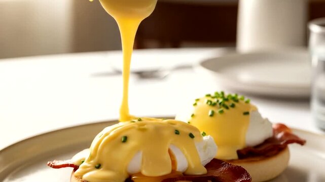 Delicious egg benedict with creamy hollandaise sauce on a plate