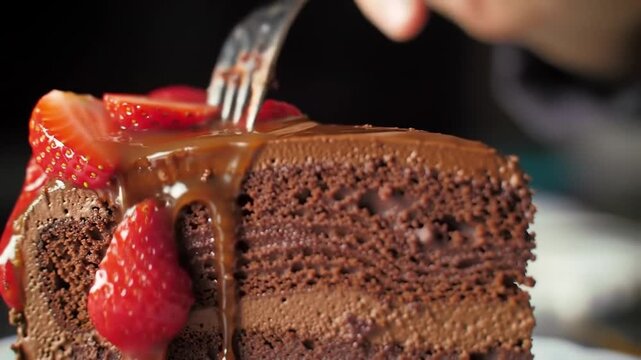 Chocolate cake slice with strawberries
