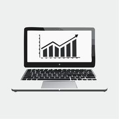 Laptop Displaying Bar and Line Chart with Upward Arrow Representing Business Growth and Data Analysis