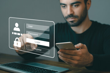 Man using phone for online login and registration process for account security and data protection concept