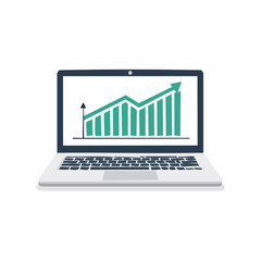 Laptop Displaying Bar and Line Chart with Upward Arrow Representing Business Growth and Data Analysis