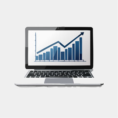 Laptop Displaying Bar and Line Chart with Upward Arrow Representing Business Growth and Data Analysis